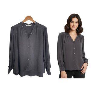 Zara Blouse Women Small Gray Charcoal Metal Studs Popover Flowy Shirt Grey